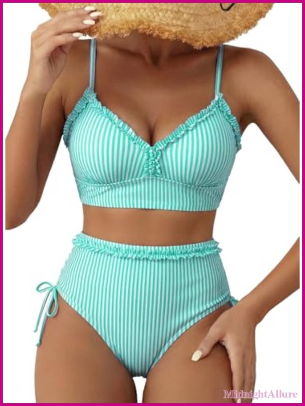 Ruffle Trim High Waisted Bikini Set Tie Side Swimsuits